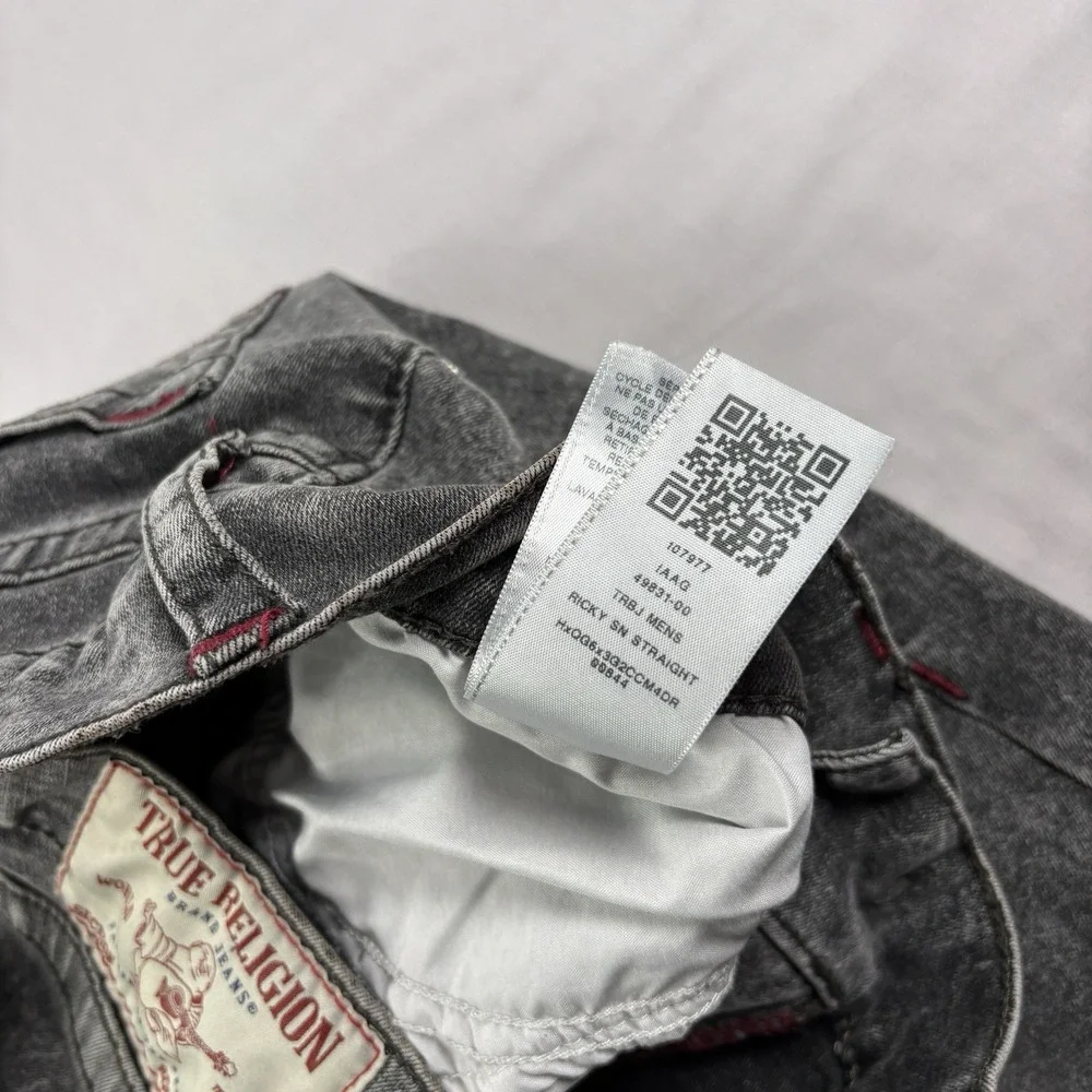 True Religion Jeans Mens 30x33 Gray Ricky Relaxed Straight Stretch Denim